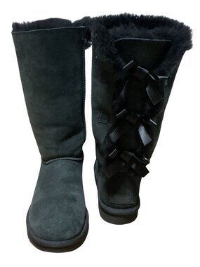 UGG Classic Bailey Bow Tall II Black Shearling Boots US 8 Height 13" Womens